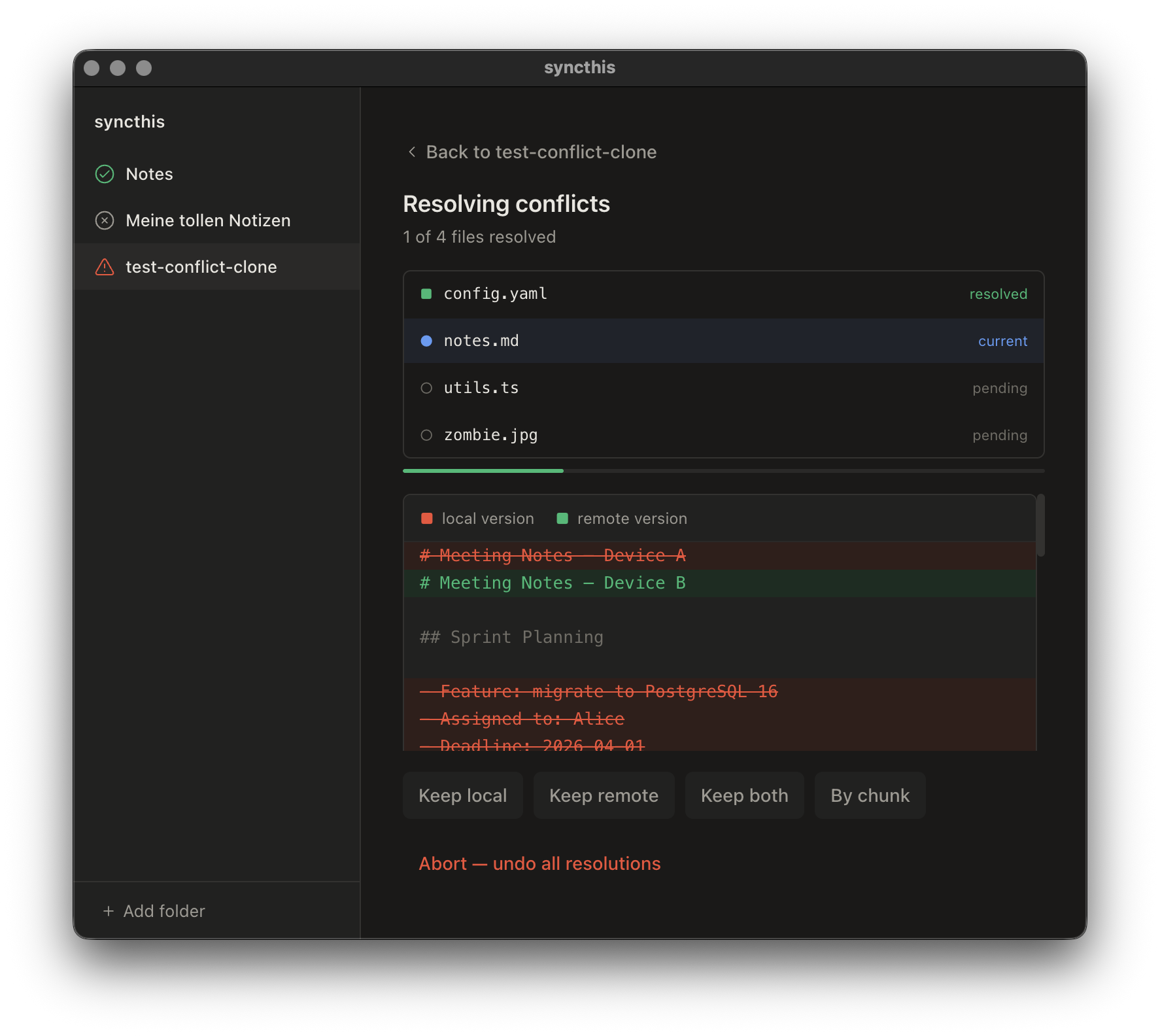 Side-by-side text diff for conflict resolution
