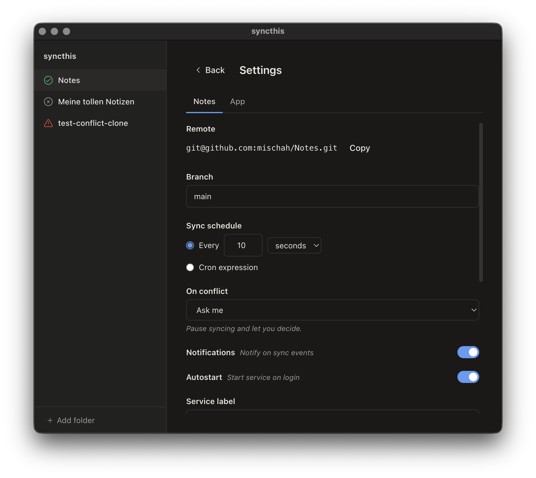 Per-folder settings with schedule, conflict mode, and branch