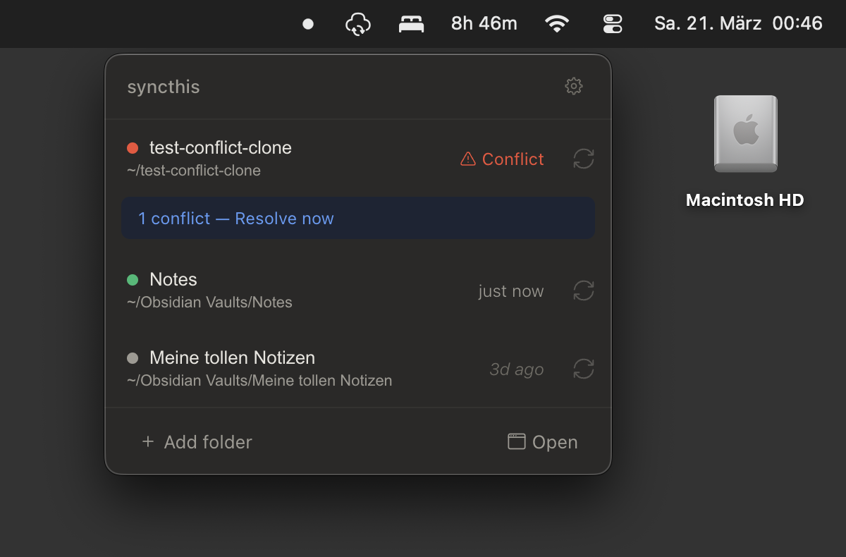 SyncThis tray app in the macOS menu bar with popover showing synced folders