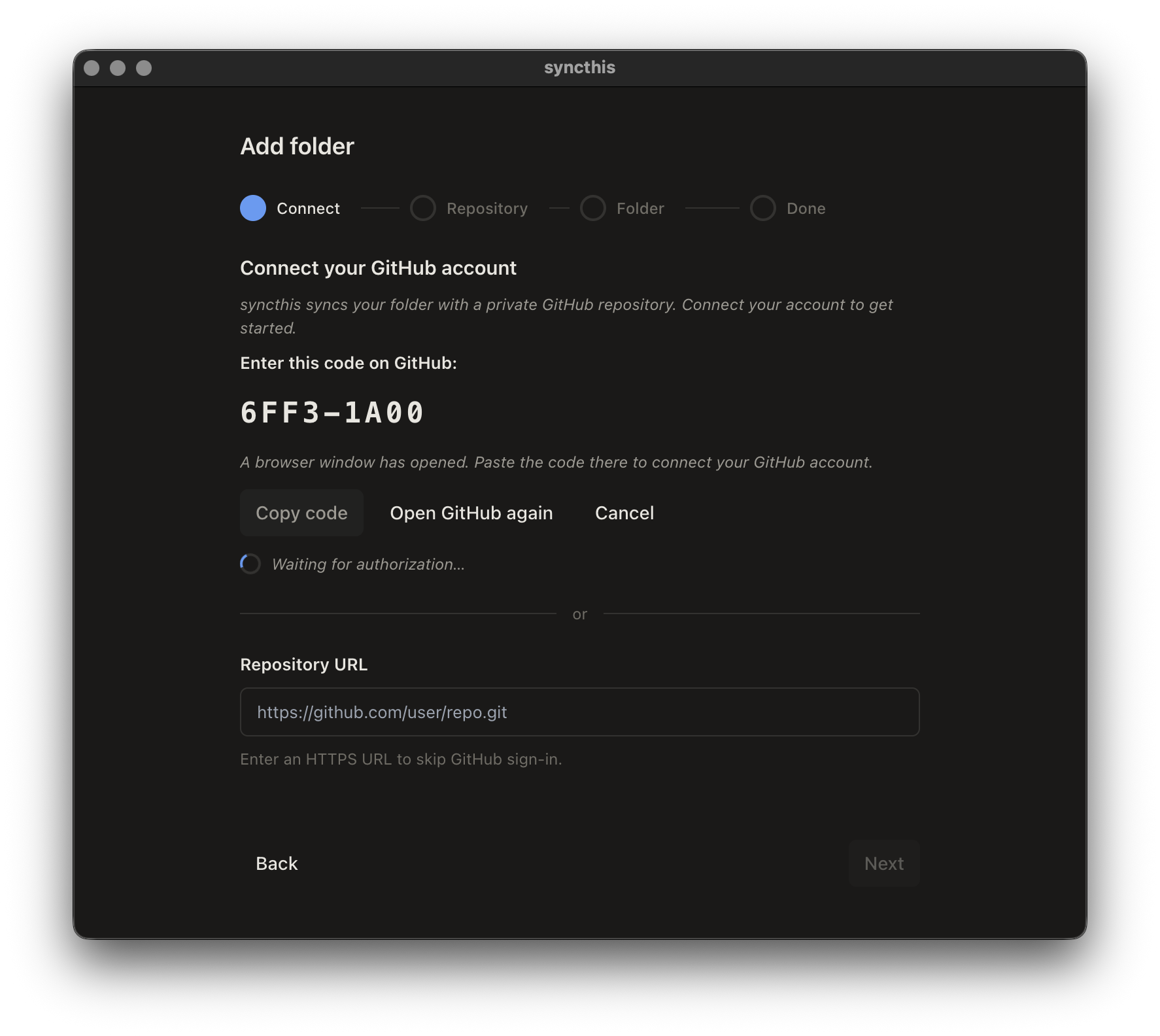 Setup wizard showing GitHub device code authorization